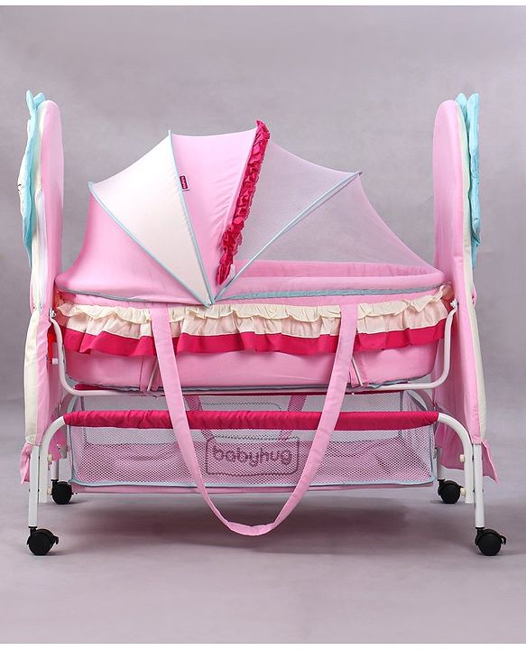 Babyhug Lion Print 2 in 1 Cradle cum bassinet with Mosquito Net and Swing Lock function - Pink