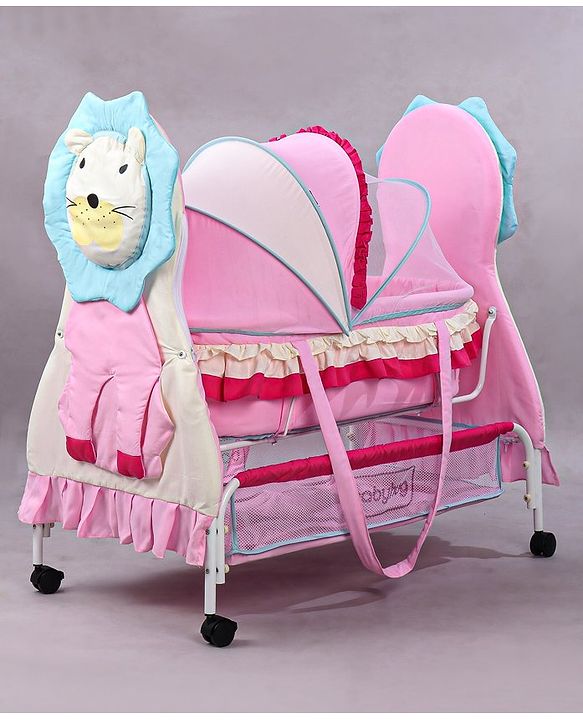 Babyhug Lion Print 2 in 1 Cradle cum bassinet with Mosquito Net and Swing Lock function - Pink