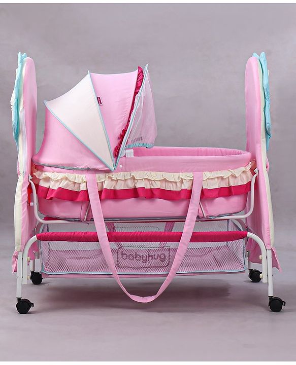 Babyhug Lion Print 2 in 1 Cradle cum bassinet with Mosquito Net and Swing Lock function - Pink
