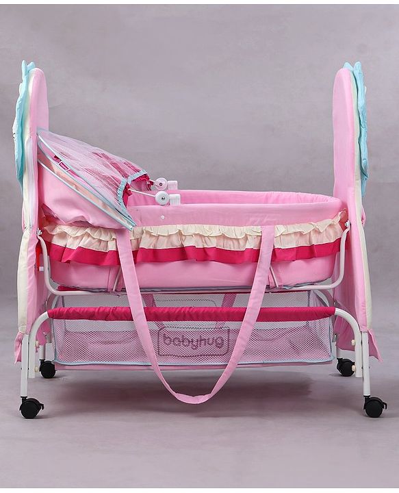 Babyhug Lion Print 2 in 1 Cradle cum bassinet with Mosquito Net and Swing Lock function - Pink