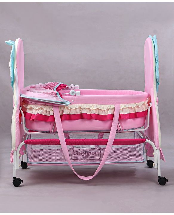Babyhug Lion Print 2 in 1 Cradle cum bassinet with Mosquito Net and Swing Lock function - Pink