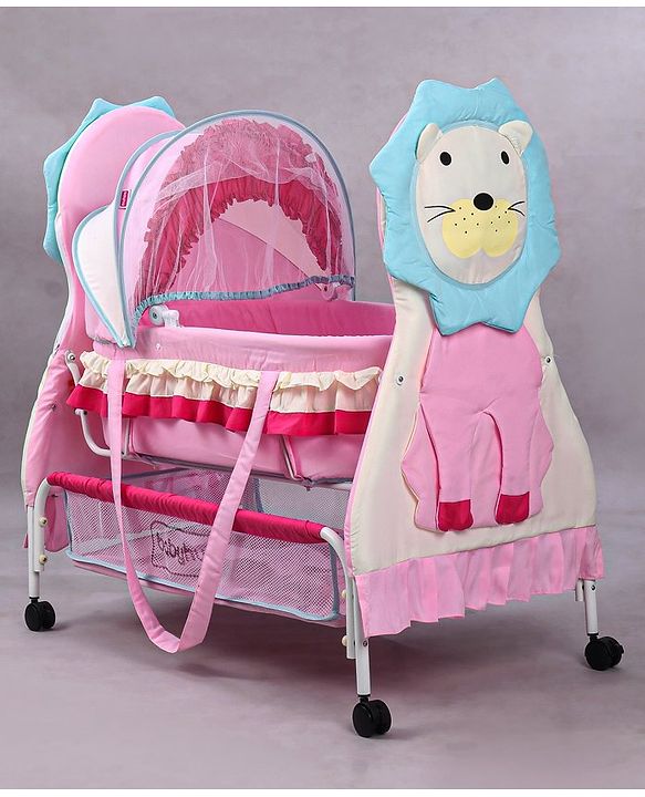 Babyhug Lion Print 2 in 1 Cradle cum bassinet with Mosquito Net and Swing Lock function - Pink
