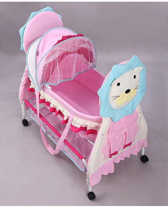 Babyhug Lion Print 2 in 1 Cradle cum bassinet with Mosquito Net and Swing Lock function - Pink