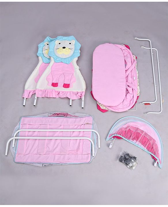 Babyhug Lion Print 2 in 1 Cradle cum bassinet with Mosquito Net and Swing Lock function - Pink