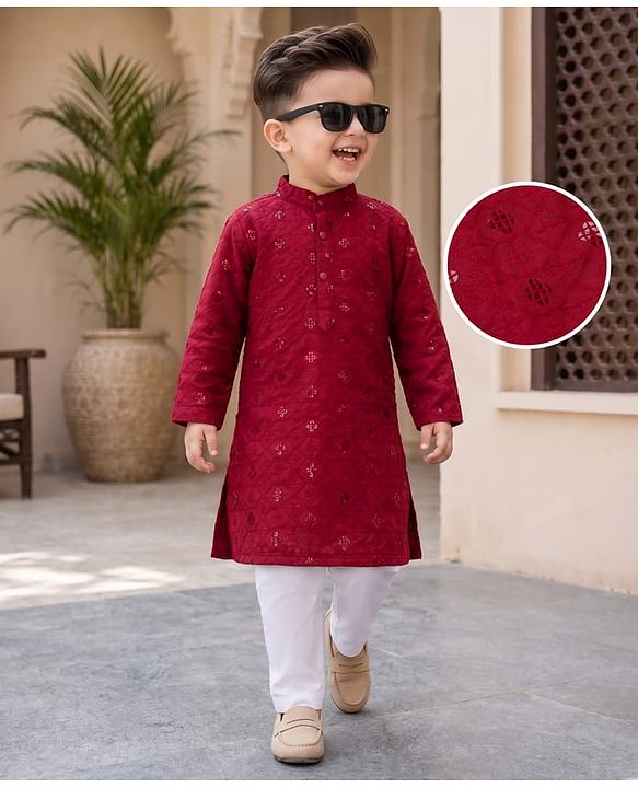 Babyhug Georgette Woven Full Sleeves Kurta and Pyjama Set With Sequins Embroidery - Maroon