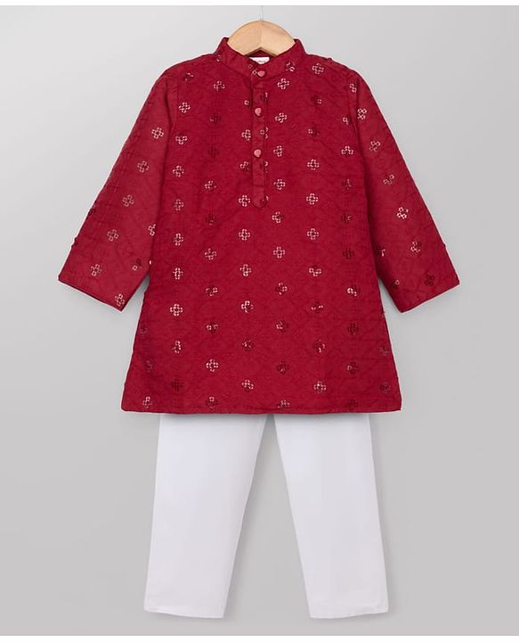Babyhug Georgette Woven Full Sleeves Kurta and Pyjama Set With Sequins Embroidery - Maroon