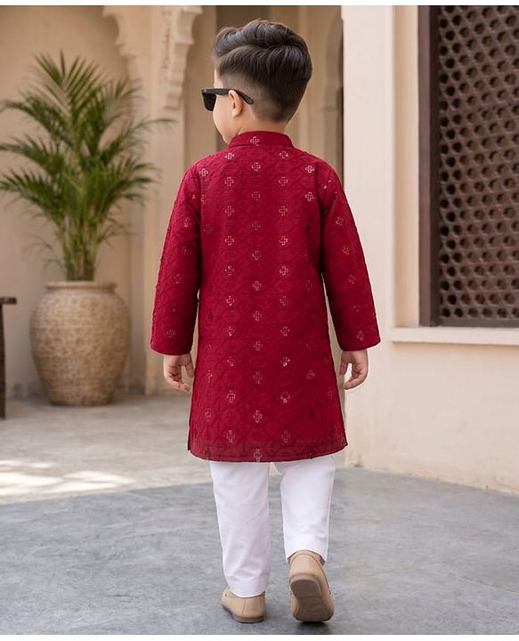 Babyhug Georgette Woven Full Sleeves Kurta and Pyjama Set With Sequins Embroidery - Maroon