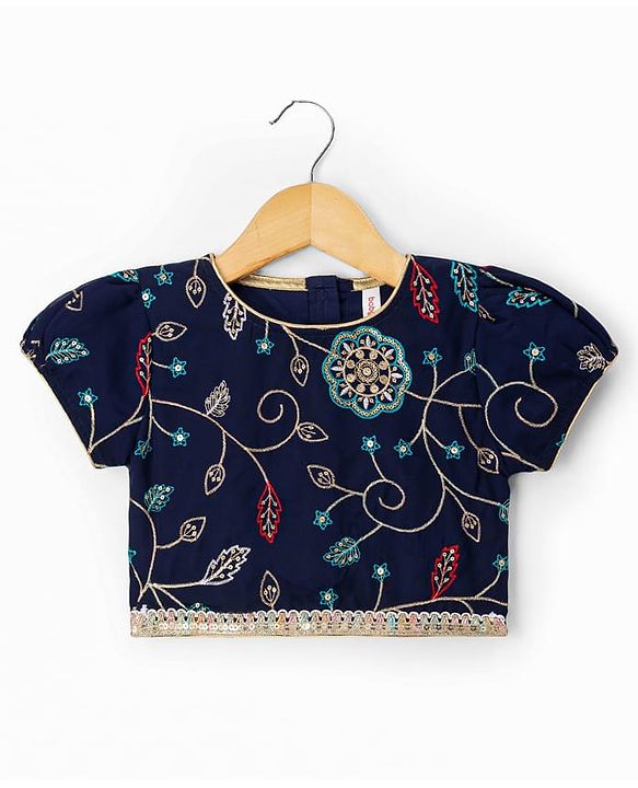 Babyhug Velvet Woven Short Sleeves Floral Embroidered & Sequinned Choli Lahenga Set with Dupatta - Navy Blue
