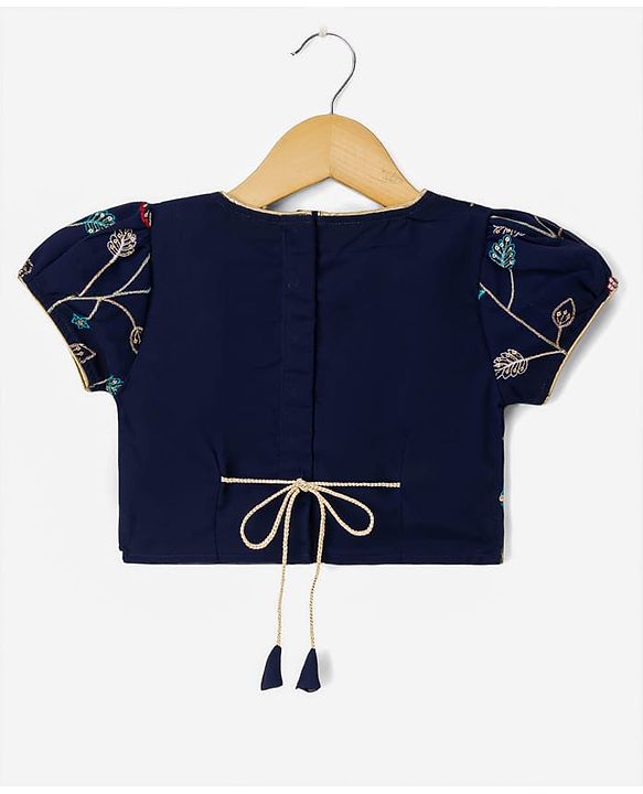 Babyhug Velvet Woven Short Sleeves Floral Embroidered & Sequinned Choli Lahenga Set with Dupatta - Navy Blue