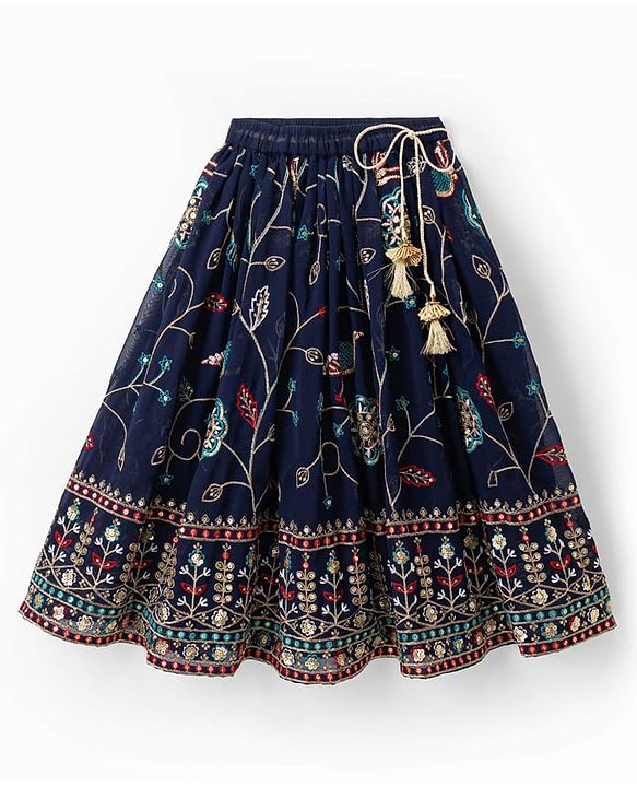 Babyhug Velvet Woven Short Sleeves Floral Embroidered & Sequinned Choli Lahenga Set with Dupatta - Navy Blue