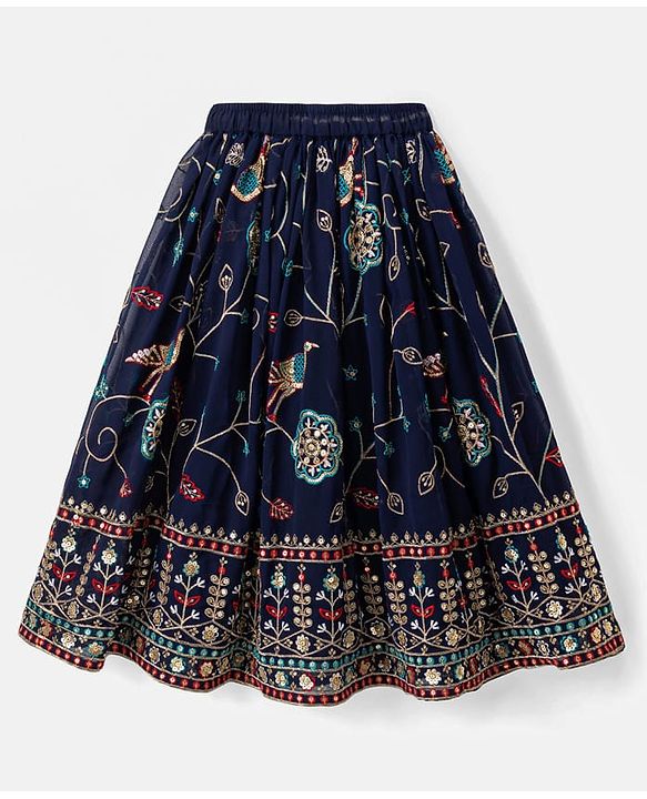 Babyhug Velvet Woven Short Sleeves Floral Embroidered & Sequinned Choli Lahenga Set with Dupatta - Navy Blue