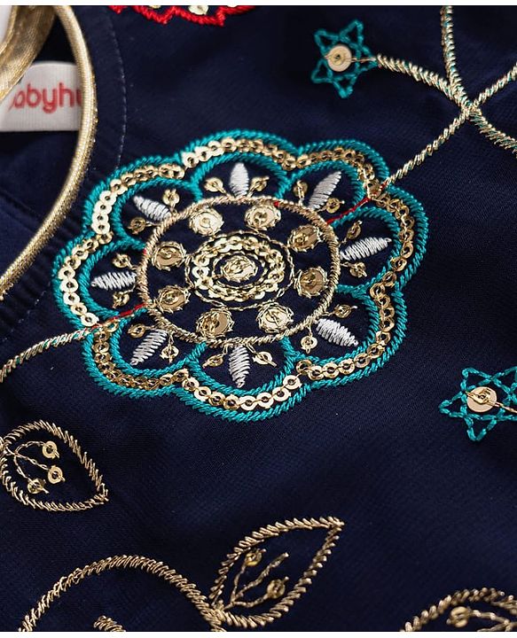 Babyhug Velvet Woven Short Sleeves Floral Embroidered & Sequinned Choli Lahenga Set with Dupatta - Navy Blue