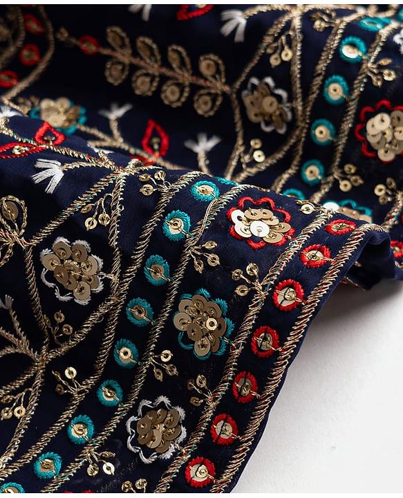 Babyhug Velvet Woven Short Sleeves Floral Embroidered & Sequinned Choli Lahenga Set with Dupatta - Navy Blue
