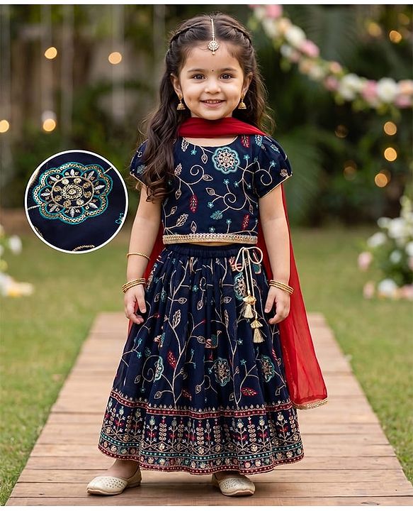Babyhug Velvet Woven Short Sleeves Floral Embroidered & Sequinned Choli Lahenga Set with Dupatta - Navy Blue