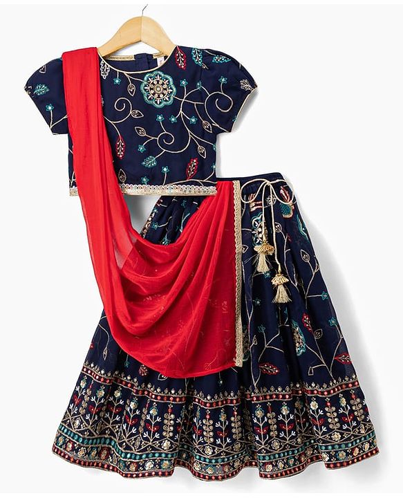 Babyhug Velvet Woven Short Sleeves Floral Embroidered & Sequinned Choli Lahenga Set with Dupatta - Navy Blue