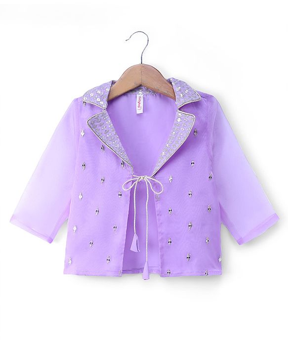 Babyhug Organza Woven Embroidered Top and Palazo with Three Fourth Sleeves Jacket - Lavender