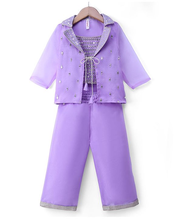 Babyhug Organza Woven Embroidered Top and Palazo with Three Fourth Sleeves Jacket - Lavender