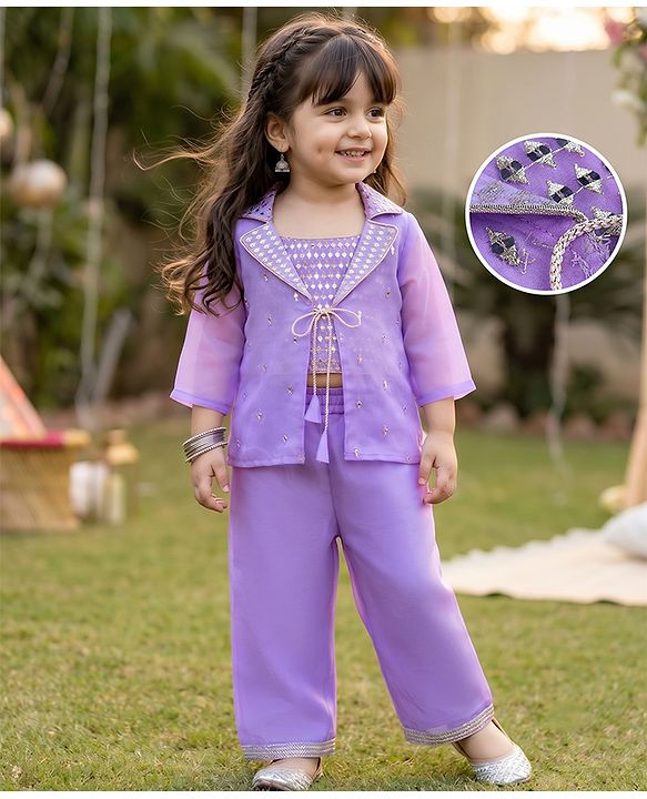 Babyhug Organza Woven Embroidered Top and Palazo with Three Fourth Sleeves Jacket - Lavender