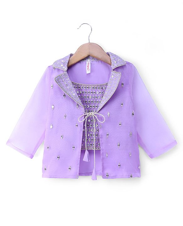 Babyhug Organza Woven Embroidered Top and Palazo with Three Fourth Sleeves Jacket - Lavender