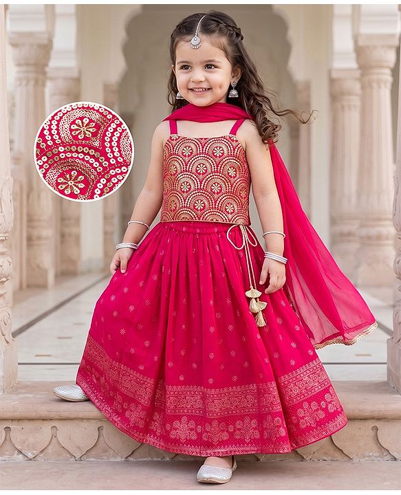 Babyhug Georgette Woven Sleeveless Floral Sequinned & Foil Printed Lehenga Choli Set With Dupatta - Fuchsia