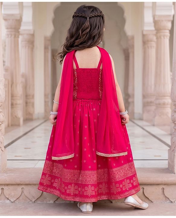 Babyhug Georgette Woven Sleeveless Floral Sequinned & Foil Printed Lehenga Choli Set With Dupatta - Fuchsia