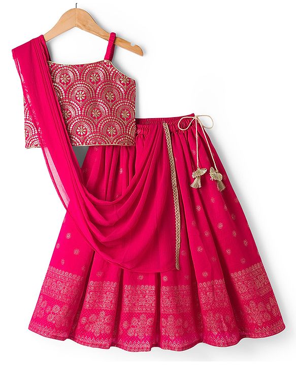 Babyhug Georgette Woven Sleeveless Floral Sequinned & Foil Printed Lehenga Choli Set With Dupatta - Fuchsia