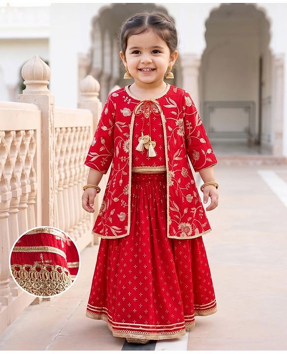 Babyhug Georgette Woven Smocked Choli Lehenga Set with Three Fourth Sleeves Embroidered Jacket - Red