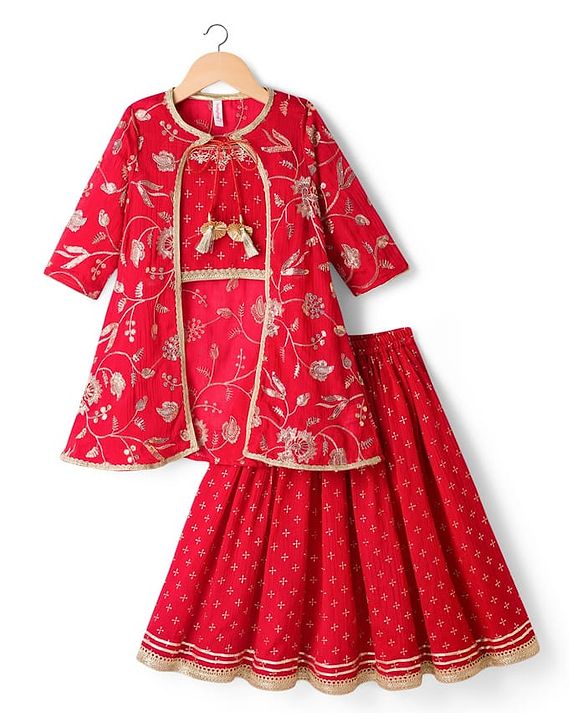 Babyhug Georgette Woven Smocked Choli Lehenga Set with Three Fourth Sleeves Embroidered Jacket - Red