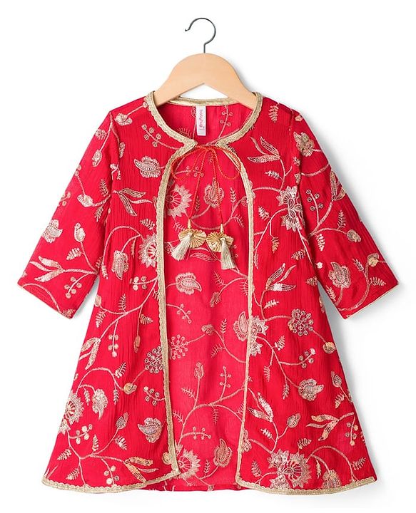 Babyhug Georgette Woven Smocked Choli Lehenga Set with Three Fourth Sleeves Embroidered Jacket - Red