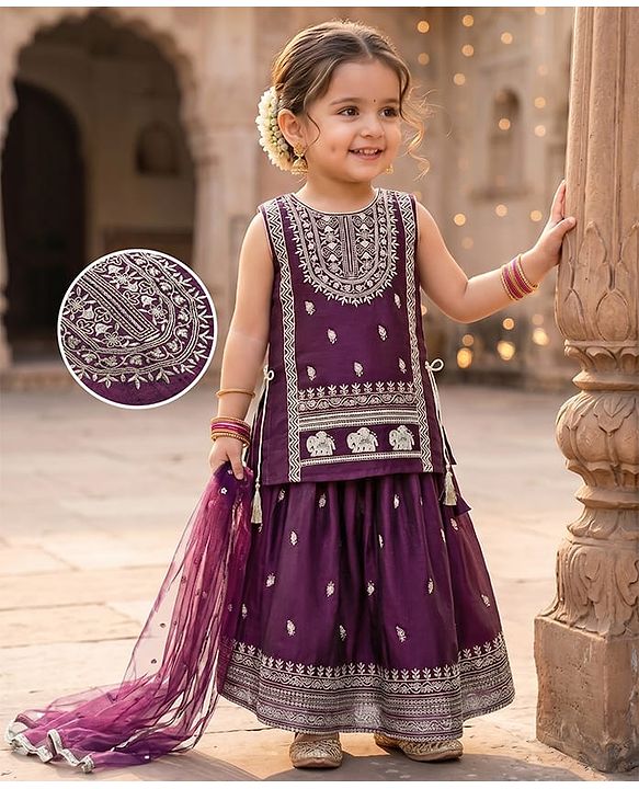 Babyhug Woven Sleeveless Floral & Elephant Embroidered Long Choli Lahenga Set with Dupatta - Wine