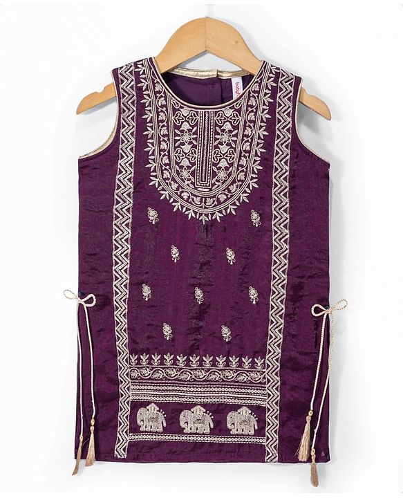 Babyhug Woven Sleeveless Floral & Elephant Embroidered Long Choli Lahenga Set with Dupatta - Wine
