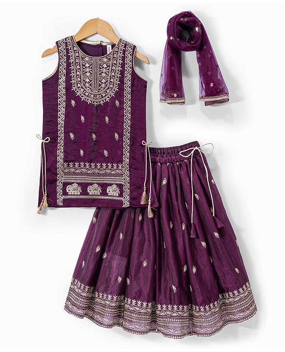 Babyhug Woven Sleeveless Floral & Elephant Embroidered Long Choli Lahenga Set with Dupatta - Wine