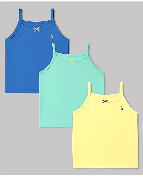 Pine Kids Cotton Lycra Knit Sleeveless Solid Slips With Bow Applique Pack Of 3 - Yellow Sea Green & Blue