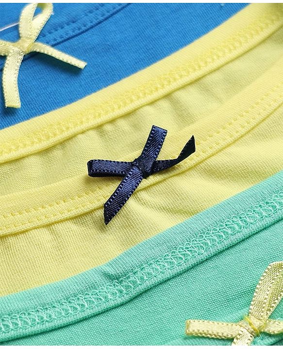 Pine Kids Cotton Lycra Knit Sleeveless Solid Slips With Bow Applique Pack Of 3 - Yellow Sea Green & Blue