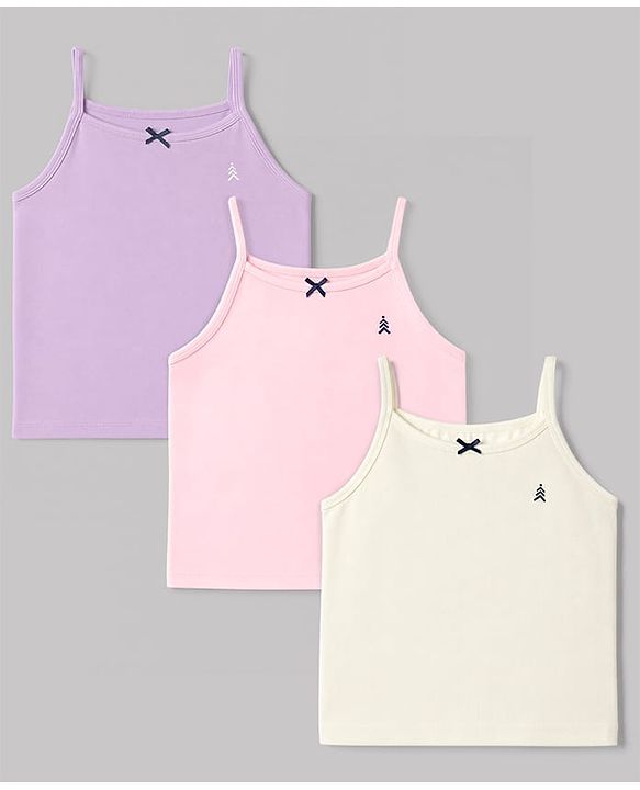 Pine Kids Cotton Lycra Knit Sleeveless Solid Slips With Bow Applique Pack Of 3 - Purple Pink & White