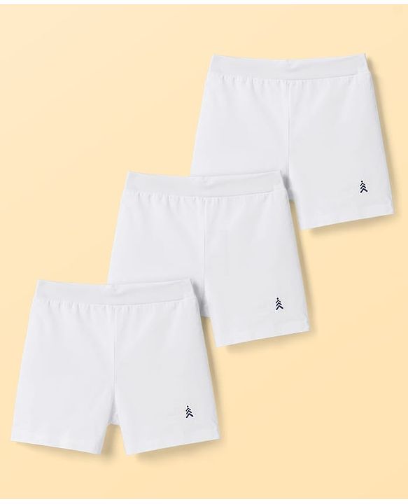 Pine Kids Cotton Lycra Knit Solid Cycling Shorts With Logo Print Pack Of 3  - White