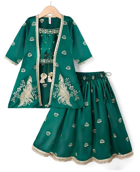 Babyhug 100% Cotton Woven Three Fourth Sleeves Chinnon Floral Embroidered & Sequin Detailing Lehenga Choli With Jacket Set - Green