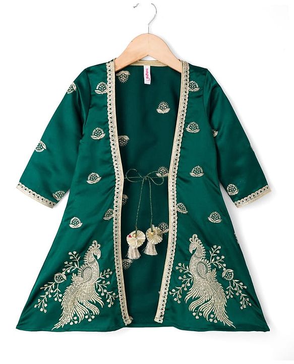 Babyhug 100% Cotton Woven Three Fourth Sleeves Chinnon Floral Embroidered & Sequin Detailing Lehenga Choli With Jacket Set - Green