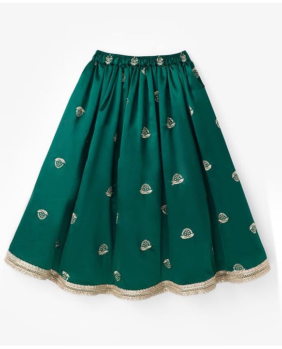 Babyhug 100% Cotton Woven Three Fourth Sleeves Chinnon Floral Embroidered & Sequin Detailing Lehenga Choli With Jacket Set - Green