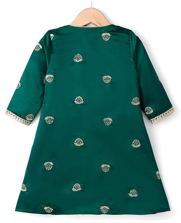 Babyhug 100% Cotton Woven Three Fourth Sleeves Chinnon Floral Embroidered & Sequin Detailing Lehenga Choli With Jacket Set - Green