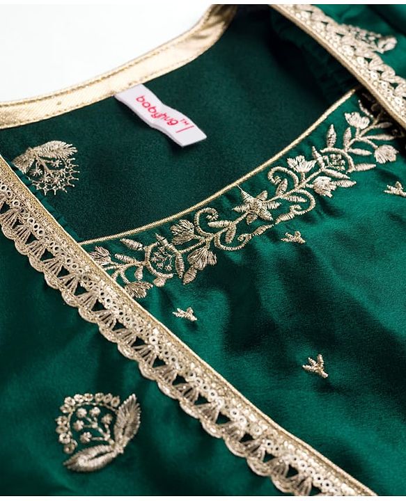Babyhug 100% Cotton Woven Three Fourth Sleeves Chinnon Floral Embroidered & Sequin Detailing Lehenga Choli With Jacket Set - Green