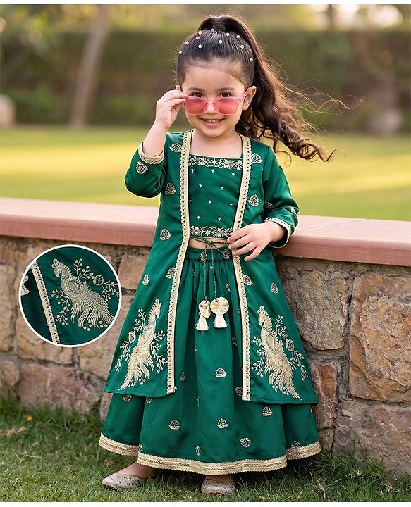 Babyhug 100% Cotton Woven Three Fourth Sleeves Chinnon Floral Embroidered & Sequin Detailing Lehenga Choli With Jacket Set - Green