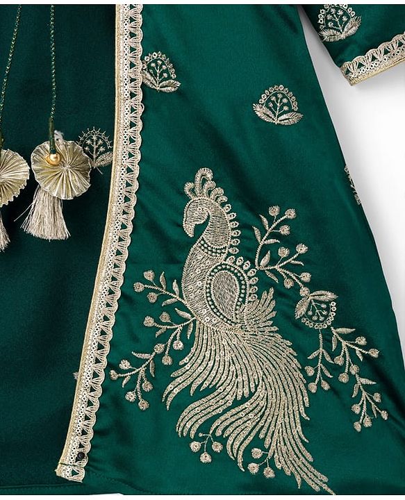 Babyhug 100% Cotton Woven Three Fourth Sleeves Chinnon Floral Embroidered & Sequin Detailing Lehenga Choli With Jacket Set - Green