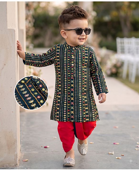 Babyhug Georgette Woven Floral Embroidery Full Sleeves Kurta Dhoti Set - Navy & Red