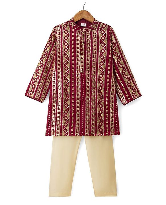 Babyhug Georgette Woven Full Sleeves Embroidered & Sequinned Kurta Pajama Set - Dark Red