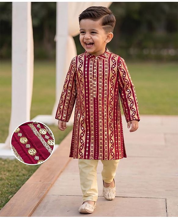 Babyhug Georgette Woven Full Sleeves Embroidered & Sequinned Kurta Pajama Set - Dark Red
