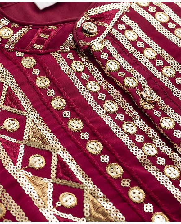 Babyhug Georgette Woven Full Sleeves Embroidered & Sequinned Kurta Pajama Set - Dark Red