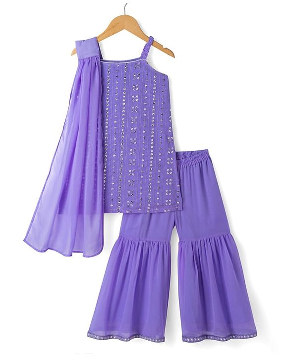 Babyhug Georgett Woven Sleeveless Sequinned Kurta Gharara Set With Dupatta - Purple