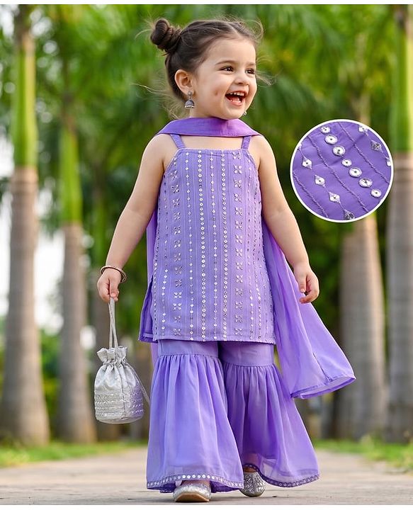 Babyhug Georgett Woven Sleeveless Sequinned Kurta Gharara Set With Dupatta - Purple