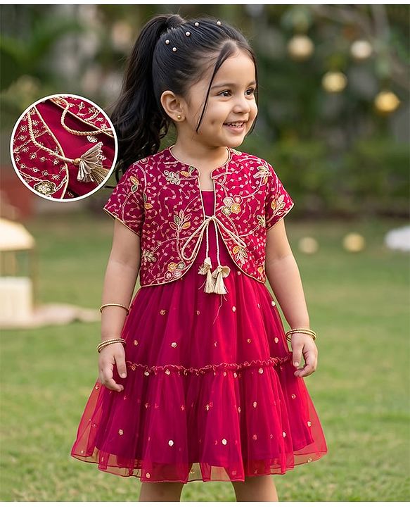 Babyhug Net Woven Half Sleeves Tired Ethnic Dress with Sequinned & Floral Embroidered Jacket - Dark Red